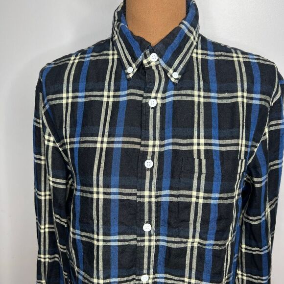 Club Monaco Black Multi Long Sleeve Plaid 100% Linen Button Up Shirt Mens Medium - Picture 6 of 14